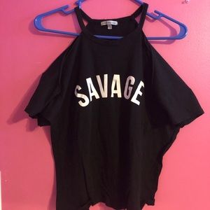 Black shoulder cut off SAVAGE shirt